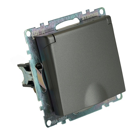 Розетка 1-местная с/з с крышкой (механизм), STEKKER GLS16-7112-04, 250В, 16А с защитной шторкой, серия Катрин, графит - фото