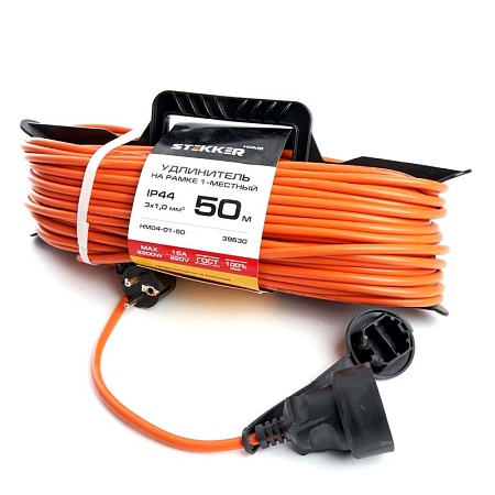 Удлинитель-шнур на рамке 1-местный с/з Stekker, HM04-01-50 (US1), 3*1,0мм2, 50м, 220В, 16А, Home, оранжевый (UG) - фото