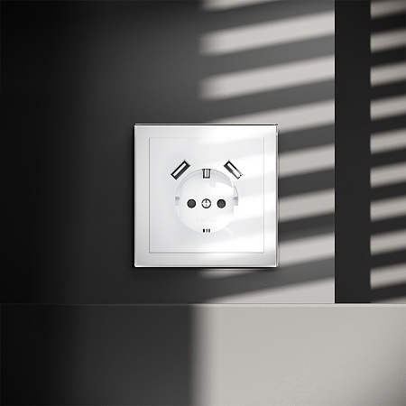 Розетка встраиваемая VOLTUM S70 с заземлением и защитными шторками, 16А, с USB, A+A, (белый глянцевы