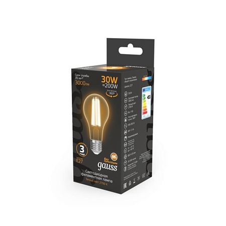 Светодиодная филаментная лампа Gauss FILAMENT A70 30W 3000Lm 2700K E27 102902130 - фото