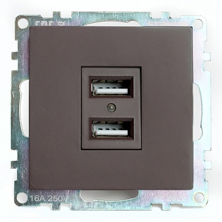 Розетка USB 2-местная (механизм), STEKKER GLS10-7115-04, 250B, 2,1А, серия Катрин, шоколад - фото