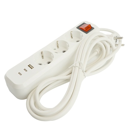 Удлинитель 3-местный с/з с выключ. STEKKER HM071-31-03 3x1мм2, 3м, 250В, 16А, 1USB+2C, 2.4A, сер Home, белый - фото