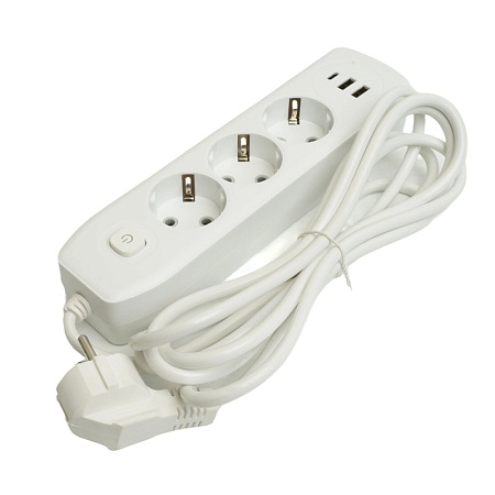 Удлинитель 3-местный c/з 3x1 мм2, 3 м, 250В, 10А, 2USB+1Type-C 2,4А, серия Home plus, белый STEKKER HM08-33-02 - фото