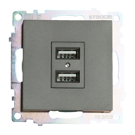 Розетка 2-местная USB (механизм), 250В, 2,1А, серия Катрин, графит, GLS10-7115-06 - фото