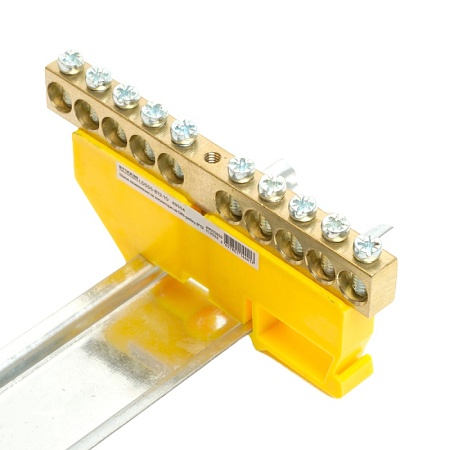 Шина "PE" STEKKER на изоляторе 8*12 на DIN-рейку 10 выводов, желтый, LD555-812-10 - фото