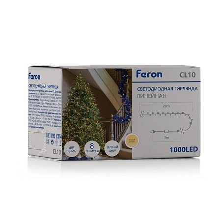 Светодиодная гирлянда Кластер Feron CL10 линейная 20м + 3м 230V 2700К, c питанием от сети, зеленый шнур - фото