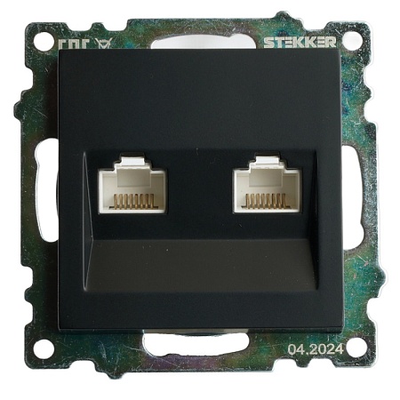 Розетка компьютерная 2-местная RJ-45 (механизм) ,STEKKER ,GLS00-7109-05, серия Катрин, черный - фото