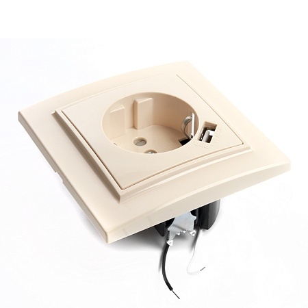 Розетка 1-местная с/з, STEKKER, PST16-9011-02 250В, 16А с защитной шторкой и с USB, серия Эрна, слоновая кость - фото