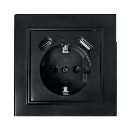 Розетка 1-местная с/з STEKKER, PST16-9016-03, 250В, 16А с USB+ type C, серия Эрна, черный - фото