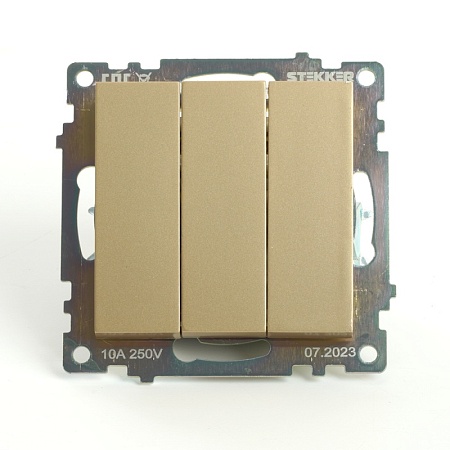Выключатель 3-клавишный (механизм), STEKKER, GLS10-7108-08 , 250В, 10А, серия Катрин, золото - фото