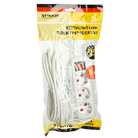 Удлинитель трехместный с/з  с выключ. STEKKER HM07-31-05 3x1мм2, 5м, серия Home (У16А-002), белый - фото