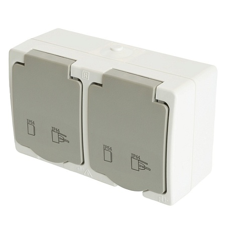 Розетка 2-местная с крышкой с/з STEKKER PST16-22-54, пластик АВS, 250В, 16А, IP54,  белый/серый - фото