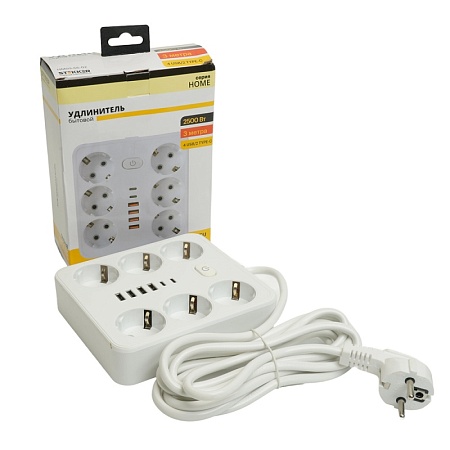 Удлинитель 6-местный c/з 3x1 мм2, 3 м, 250В, 10А, 4USB+2Type-C 2,4А, серия Home plus, белый STEKKER HM09-66-02 - фото
