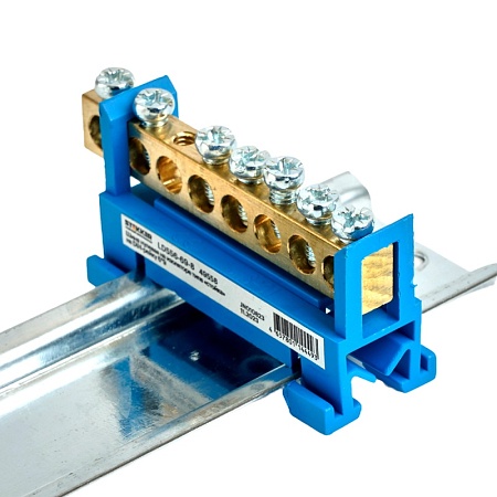 Шина "N" на изоляторе STEKKER 6*9 тип "стойка" на DIN-рейку 8 выводов, синий, LD556-69-8 - фото