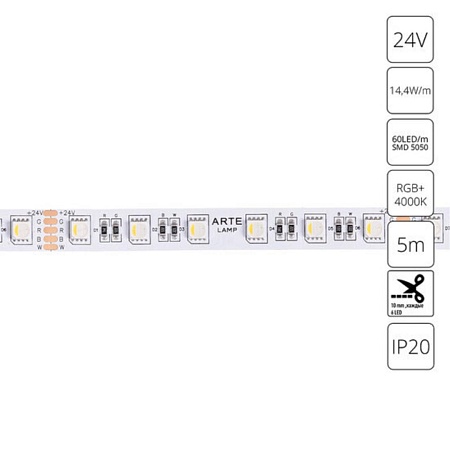 Светодиодная лента 24V 14,4W/m RGB+W 4000К 5м Arte Lamp TAPE A2406012-01-RGB4K - фото