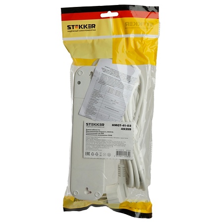 Удлинитель четырехместный с/з  с выключ. STEKKER HM07-41-03 3x1мм2, 3м, серия Home (У16А-003), белый - фото