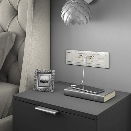 Выключатель двухклавишный проходной с подсветкой перламутровый рифленый WL13-SW-2G-2W-LED - фото