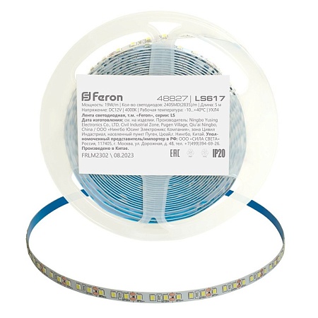 Светодиодная LED лента Feron LS617, 240SMD(2835)/м 19Вт/м 12V 5000*10*1.22мм 4000К, IP20 - фото