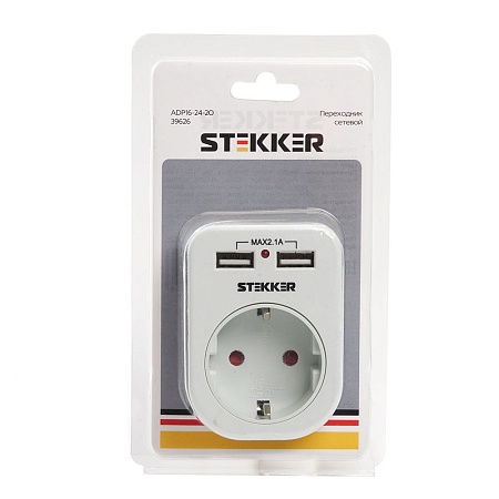 Переходник сетевой с/з c 2 USB 2,1А, STEKKER ADP16-24-20, 250В, 16A, IP20, белый - фото