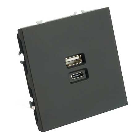Розетка 2-местная USB + Type C (механизм), STEKKER, 250В, 20W, серия Эмили, RST10-5115-05, черный уголь, soft touch - фото