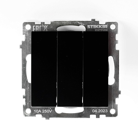 Выключатель 3-клавишный (механизм), STEKKER GLS10-7108-05, 250V, 10А, серия Катрин, черный - фото