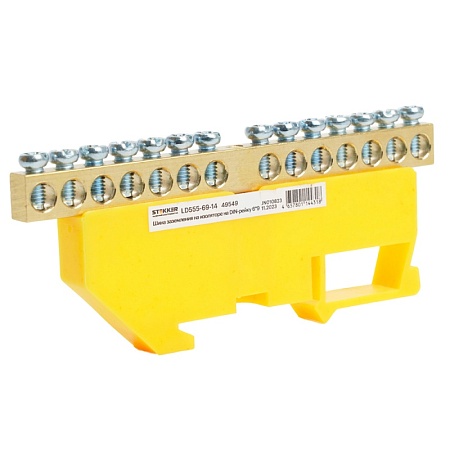 Шина"PE" на изоляторе STEKKER 6*9 на DIN-рейку 14 выводов, желтый, LD555-69-14 - фото