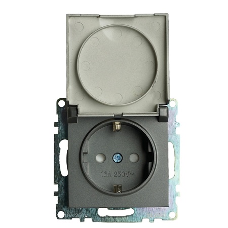 Розетка 1-местная с/з с крышкой (механизм), STEKKER GLS16-7112-04, 250В, 16А с защитной шторкой, серия Катрин, графит - фото