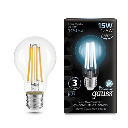 Светодиодная филаментная лампа Gauss A60 15W 1450Lm 4100K E27 102902215 - фото