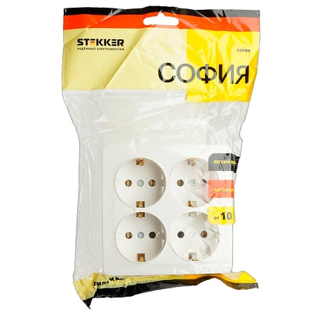 Розетка 4-местная с/з открытой установки, квадрат, STEKKER, 250В, 16А, IP20, серия София, белый, MST16-14S-01 - фото