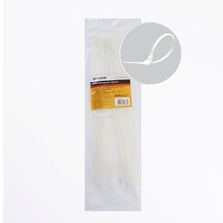 Хомут нейлоновый STEKKER NYCT36-300 3,6x300 мм, d пучка max 80 мм, нагрузка 18 кг, белый, упаковка 100 шт - фото