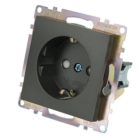 Розетка 1-местная с защитной шторкой с/з (механизм), 250В, 16А, серия Катрин, графит, GLS16-7110-06 - фото