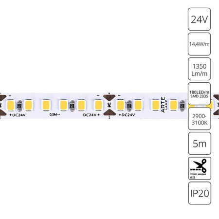 Светодиодная лента 24V 14,4W/m 3000К 5м Arte Lamp TAPE A2418008-01-3K - фото