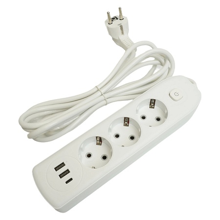 Удлинитель 3-местный c/з 3x1 мм2, 3 м, 250В, 10А, 2USB+1Type-C 2,4А, серия Home plus, белый STEKKER HM08-33-02 - фото