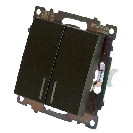 Выключатель 2-клавишный c индикатором (механизм) 250В, 10А, серия Катрин, графит, GLS10-7102-06 - фото