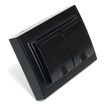 Розетка 2-местная с/з с крышкой, STEKKER, PST16-9015-03, 250В, 16А, серия Эрна, черный - фото