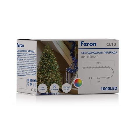 Светодиодная гирлянда Кластер Feron CL10 линейная 20м + 3м 230V мультиколор, c питанием от сети, зеленый шнур - фото