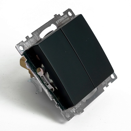 Переключатель 2-клавишный (механизм), STEKKER GLS10-7107-05, 250V, 10А, серия Катрин, черный - фото