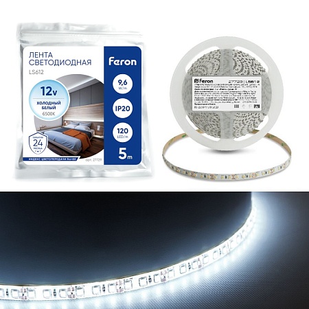 Светодиодная LED лента Feron LS612, 120SMD(2835)/m 9.6W/m 12V 5m 6500К - фото