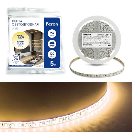 Светодиодная LED лента Feron LS613, 120SMD(2835)/m 9.6W/m 12V 5m 3000К - фото