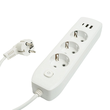 Удлинитель 3-местный c/з 3x1 мм2, 1,8 м, 250В, 10А, 2USB+1Type-C 2,4А, серия Home plus, белый STEKKER HM08-33-02 - фото