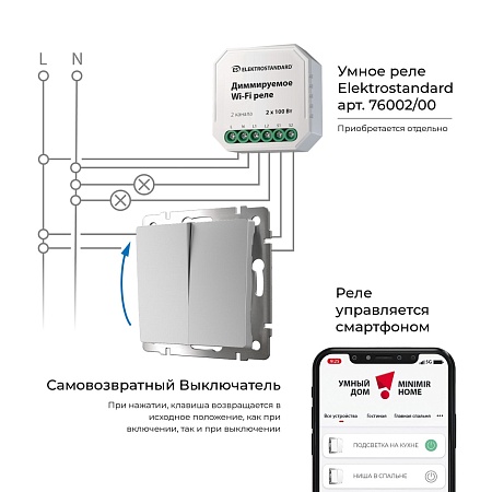 Выключатель двухклавишный с самовозвратом серебряный W1122406 - фото