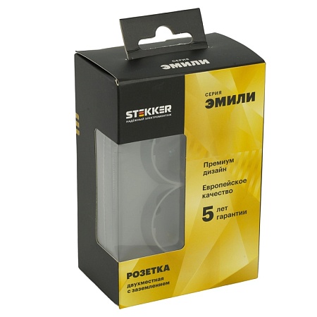 Розетка 2-местная с защитной шторкой, STEKKER, с/з, 250В, 16А, серия Эмили, RST16-5114-10, платиново-серый, soft touch - фото