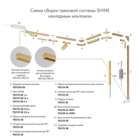 TR5723-SB Электрический коннектор для трека SHINE BASE 90° потолок-потолок, сатинированная латунь, алюминий - фото
