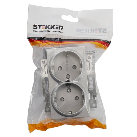 Розетка 2-местная с/з (механизм), STEKKER GLS16-7114-03, 250В, 16А с защитной шторкой, серия Катрин, серебро - фото