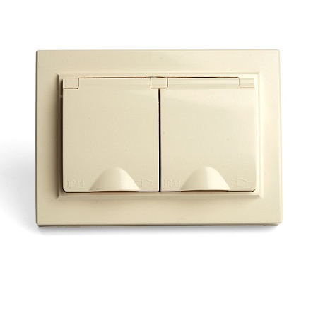 Розетка 2-местная с/з с крышкой STEKKER, PST16-9015-02, 250В, 16А, серия Эрна, слоновая кость - фото