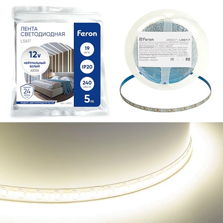 Светодиодная LED лента Feron LS617, 240SMD(2835)/м 19Вт/м 12V 5000*10*1.22мм 4000К, IP20 - фото