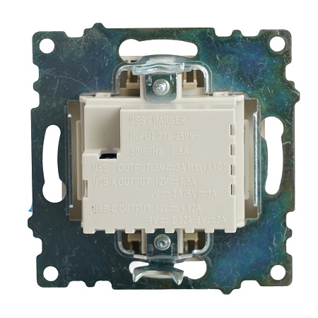 Розетка 2-местная USB + type C (механизм), 250В, 3А, max 20W, STEKKER, GLS10-7116-08, серия Катрин, золото - фото