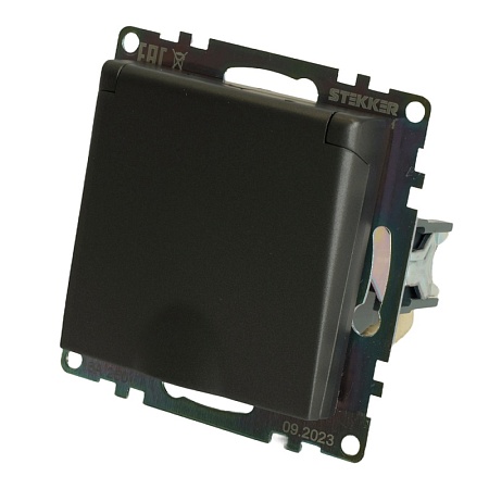 Розетка 1-местная с/з с крышкой (механизм), STEKKER GLS16-7112-04, 250В, 16А с защитной шторкой, серия Катрин, графит - фото
