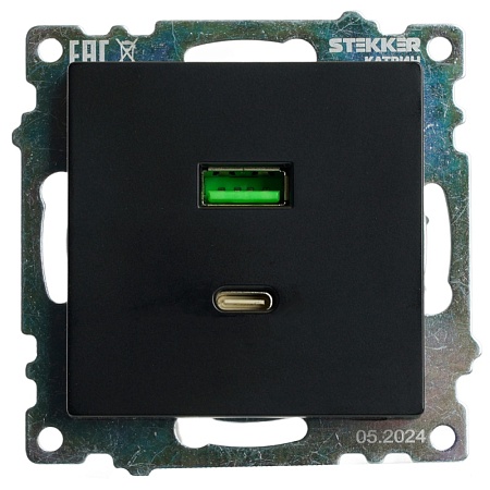Розетка 2-местная USB + type C (механизм), STEKKER GLS10-7116-05, 250B, 3А, серия Катрин, черный - фото