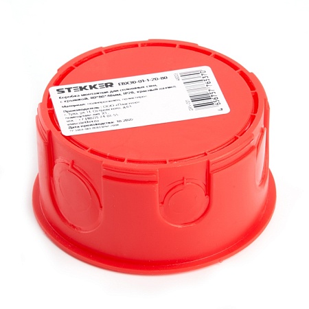 Коробка монтажная для сплошных стен, с крышкой, D80*40мм STEKKER EBX30-01-1-20-80, красный - фото